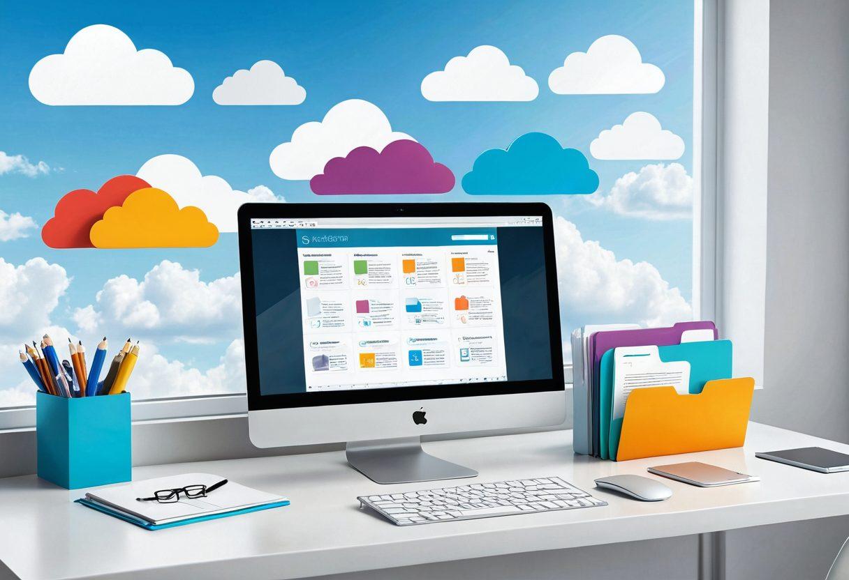 A sleek, modern desk with a laptop displaying organized digital folders and documents, surrounded by cloud icons and digital file management tools. Bright, clean workspace with soft light coming through a window, emphasizing a sense of productivity and organization. vector art. vibrant colors. white background.