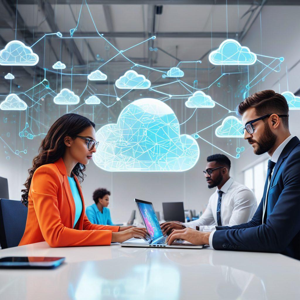 A sleek office environment with diverse professionals collaborating over laptops and tablets, seamlessly sharing files through holographic interfaces and cloud symbols. Highlight dynamic file transfer and teamwork with vibrant, interconnected lines. futuristic, super-realistic, vibrant colors, white background.